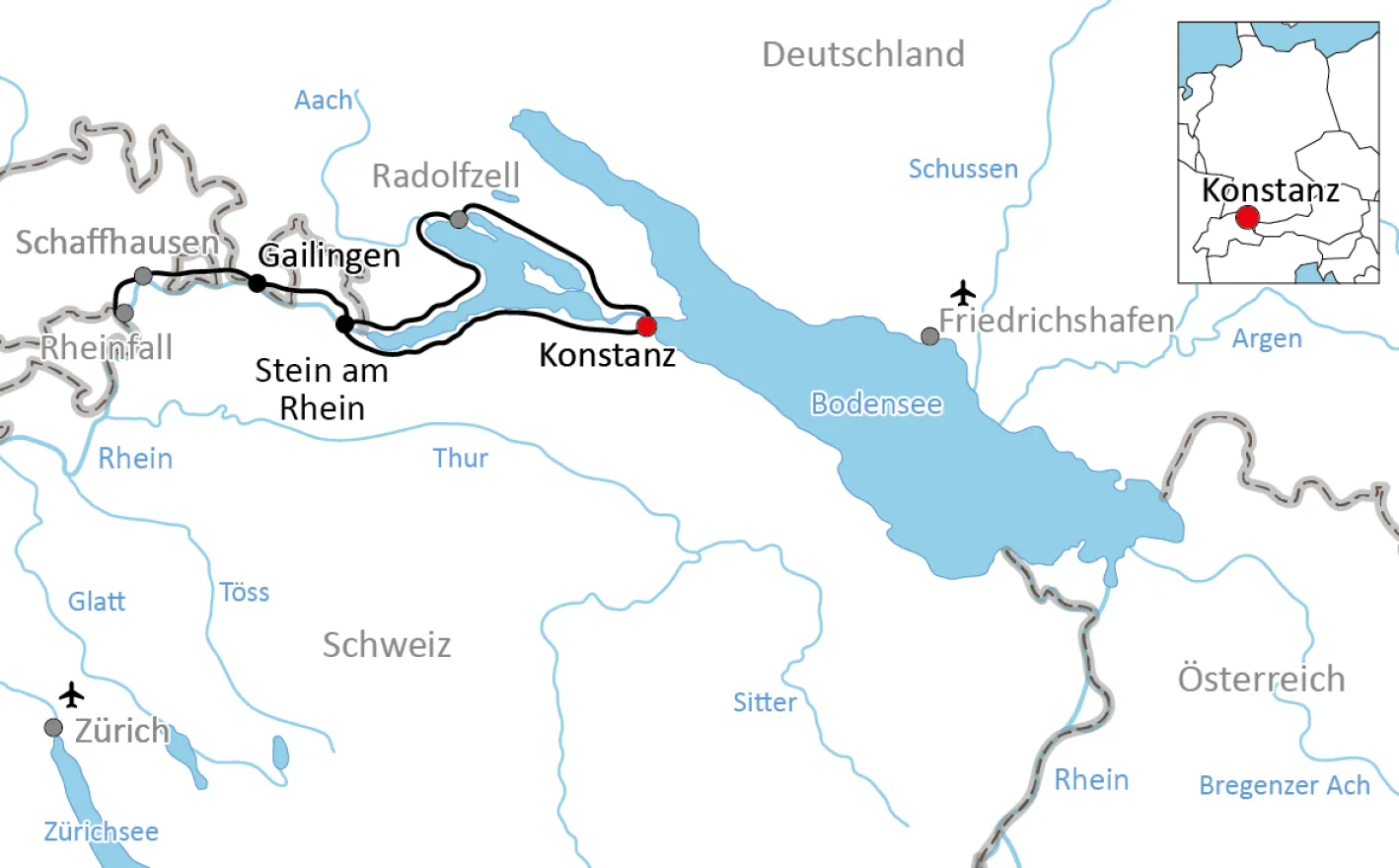 Map for the cycle tour on Untersee and to the Rhine Falls